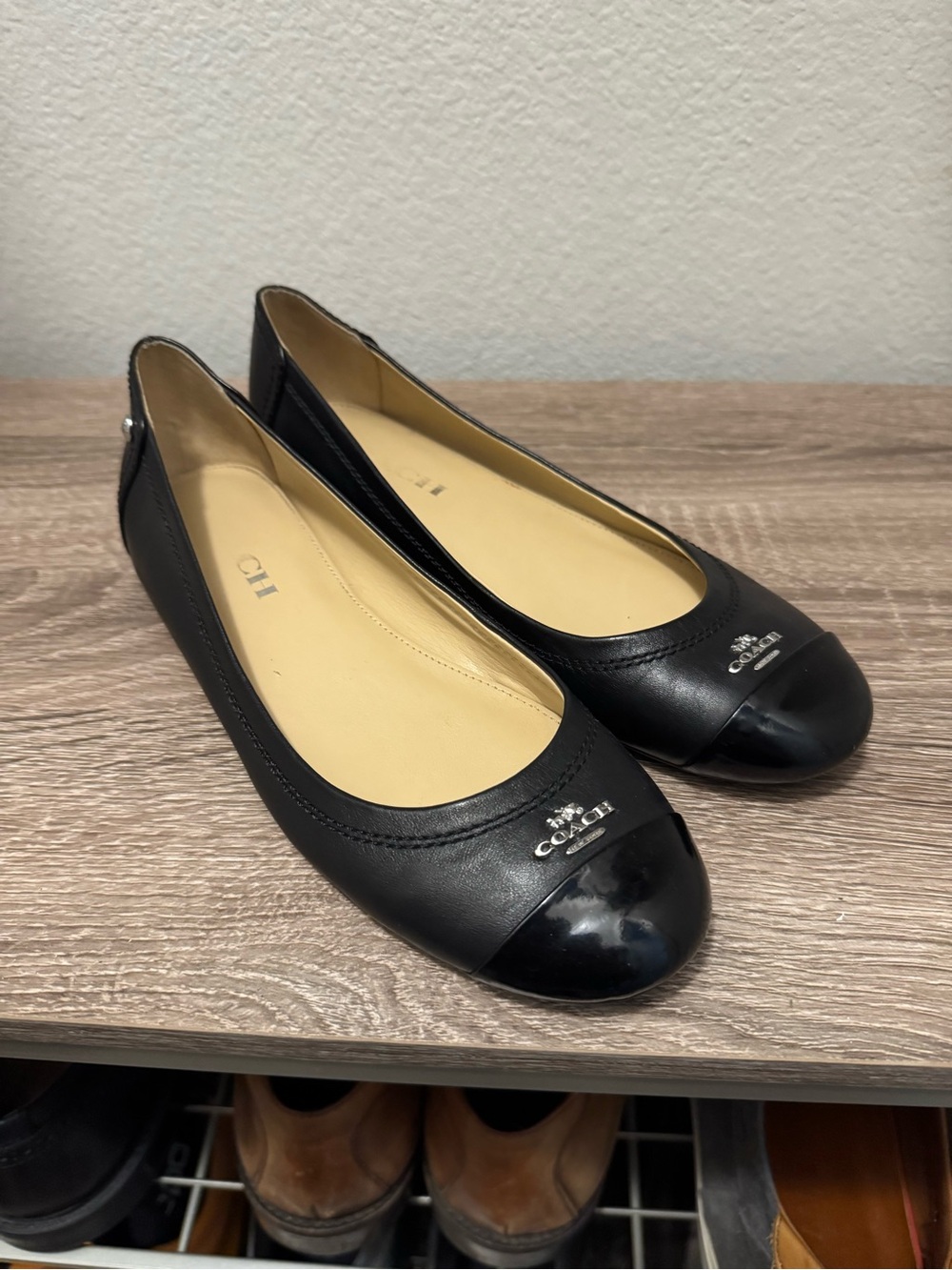 Coach Black Leather Cap-Toe Ballet Flats